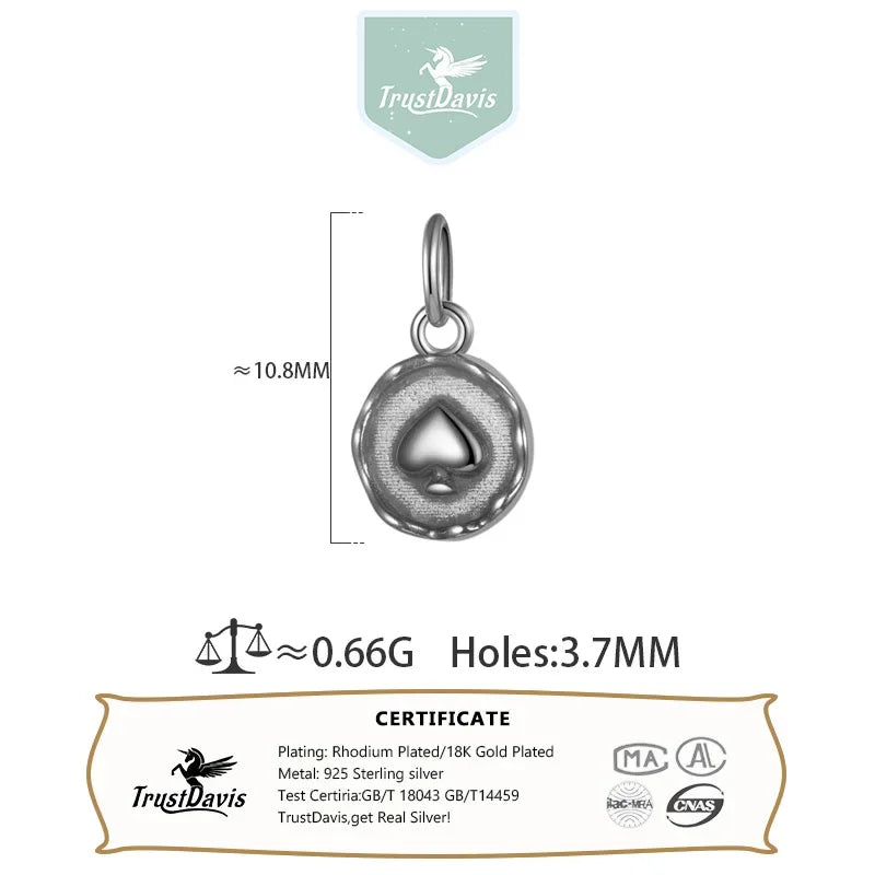 TrustDavis Real 925 Sterling Silver Cute Round Heart Medallion Pendant Handmade DIY Necklace Accessories Fine Jewelry DZ1142