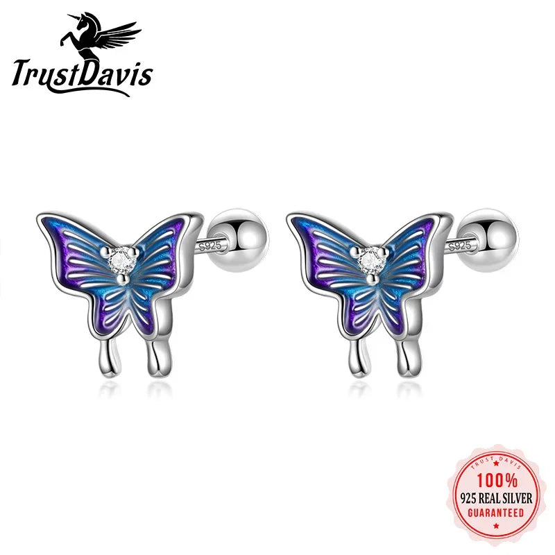 Real 925 Sterling Silver Kids Glaze Insect Butterfly Screw Earrings DG0195