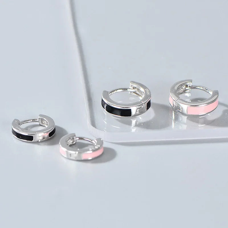 TrustDavis 925 Sterling Silver Hoop Earrings Black White Hoops Birthday Gift for Women Huggie Silver 925 Jewelry Brincos DA1800