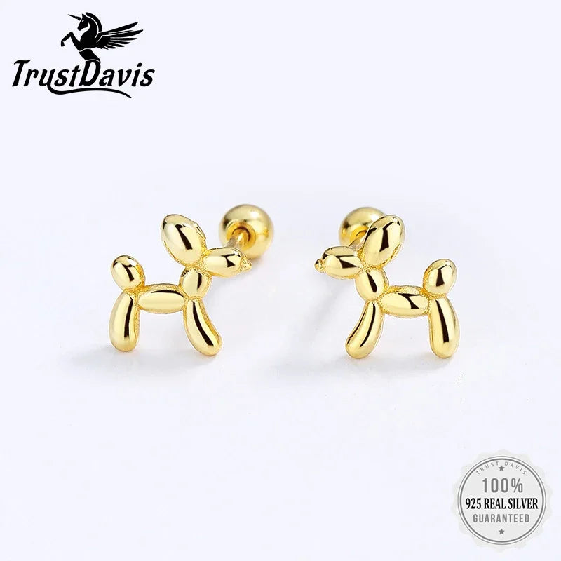 TrustDavis Real 925 Sterling Silver Fashion Sweet INS Animal Dog Bear Screw Stud Earrings For Women Party Fine Jewelry DG0024
