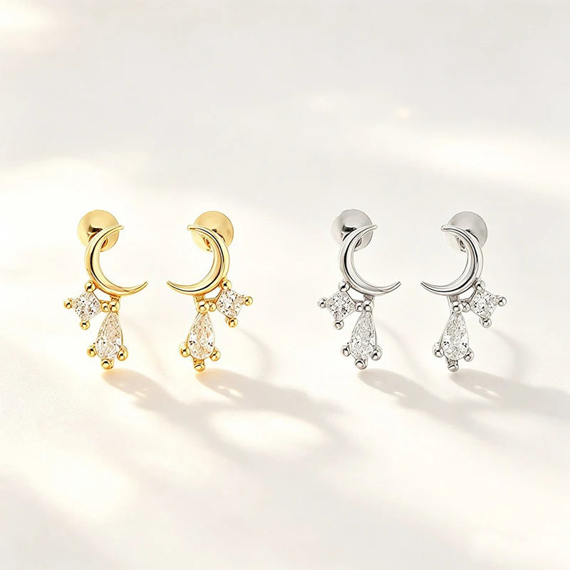Moon Stud Earrings Minimalist Teardrop Zircon Screw Earrings DS5004