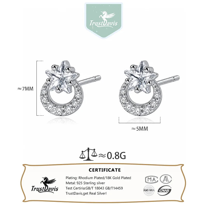 Real 925 Sterling Silver Star Moon Zircon Stud Earrings DS4950