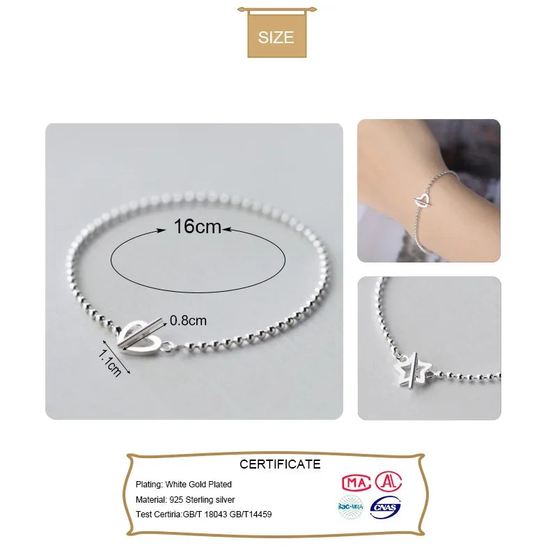 Trusta 100% 925 Solid Real Sterling Silver Fashion Beads Heart Star Bracelet 16cm For Teen Girls Lady Gift Women Jewelry DS1014