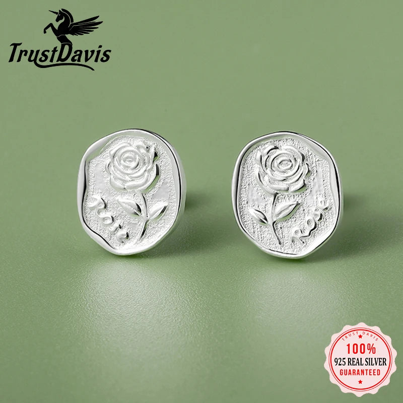 TrustDavis Girls S999 Sterling Silver Charm Rose Flower Screw Stud Earrings For Women Young Daughter Birthday Party Gift DS4598