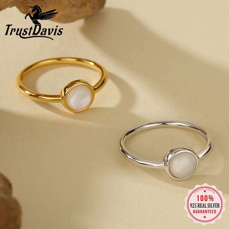 TrustDavis Real 925 Sterling Silver Women's Fashion and Simple White Shell Ring for Women Girls Fine Jewelry Gift DS4681
