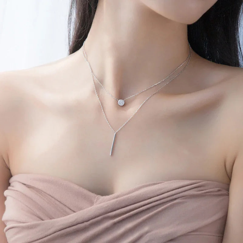 TrustDavis 925 Sterling Silver Elegant Double Layer Geometric Stick Pendant Necklace Fine Jewelry For Women Wedding Party DA1266