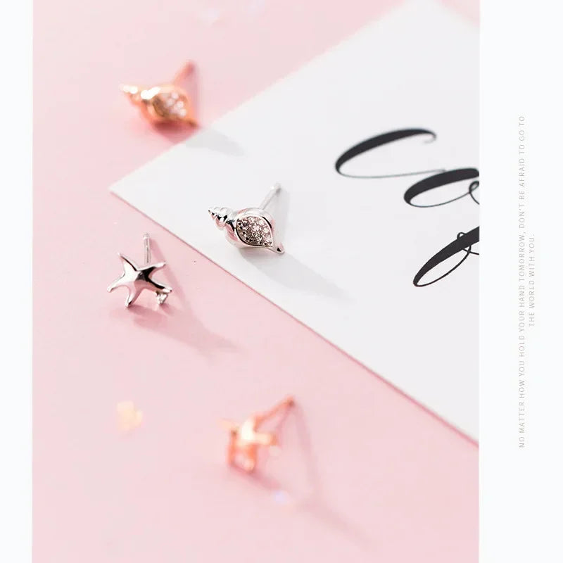 TrustDavis Genuine 925 Sterling Silver Asymmetric Conch Starfish CZ Stud Earrings For Fashion Woman Party Fine Jewelry DA1219