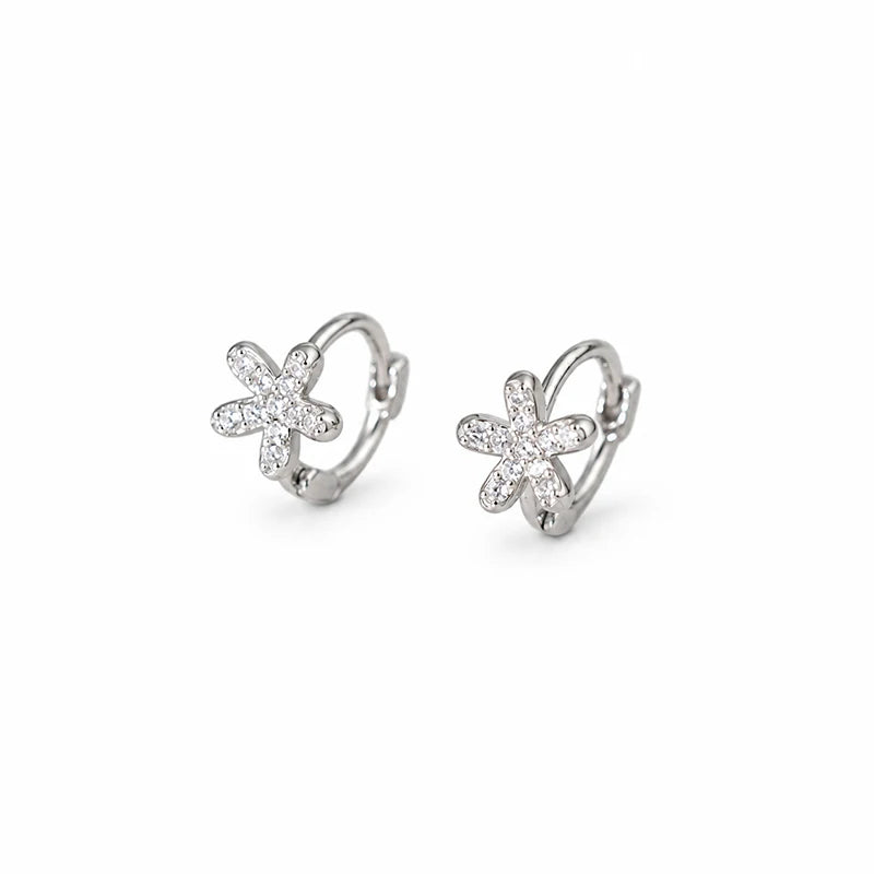 Flower Hoop Earrings Dainty Pave CZ Small Floral Earrings DS5002