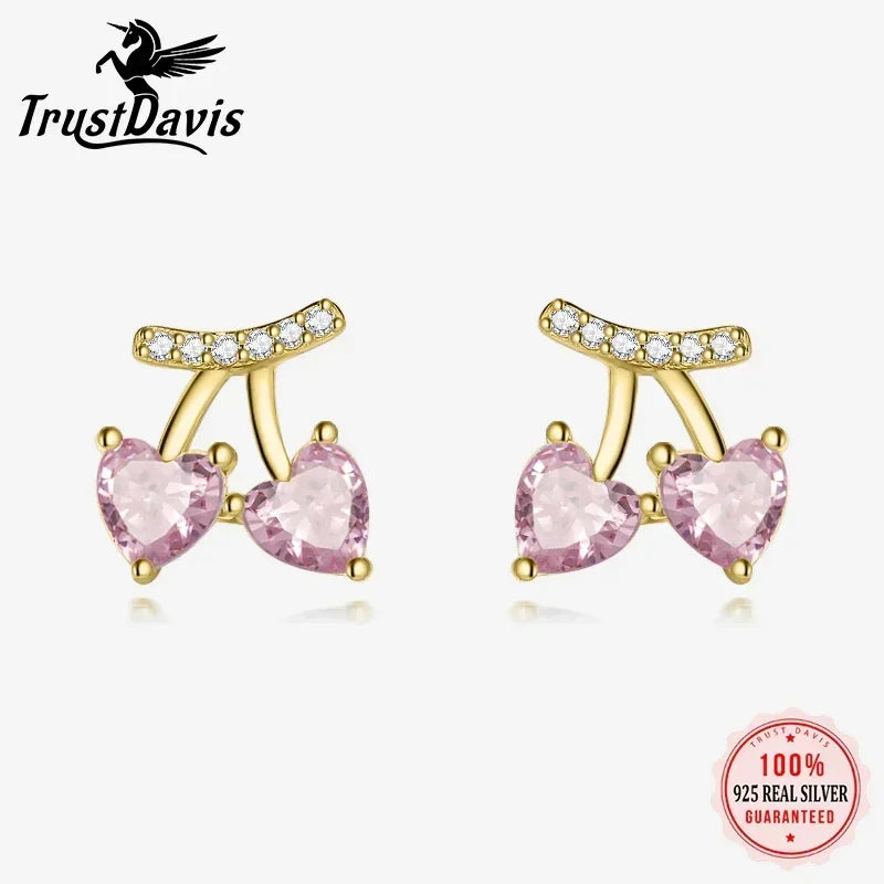 TrustDavis Authentic 925 Sterling Silver Heart Cherry CZ Stud Earrings for Women Girls Kids Birthday Gift Jewelry DS3898