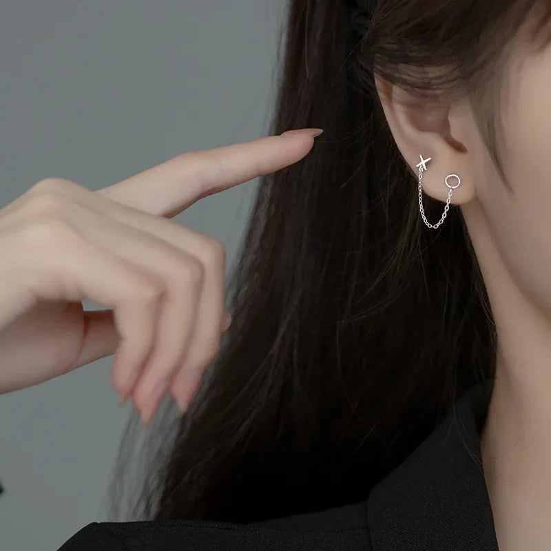 TrustDavis Real 925 Sterling Silver Fashion Sweet XO Chain Charm Stud Earrings For Women Wedding Party Fine S925 Jewelry DA2304