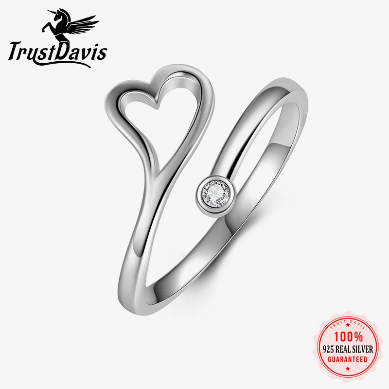 TrustDavis Real 925 Sterling Silver Women's Fashion Simple Hollow Heart-shaped Open Ring for Women Girl Jewelry Gift DS4255