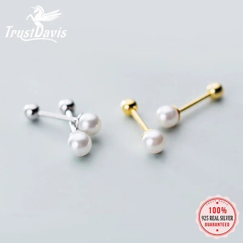 TrustDavis Real 925 Sterling Silver Charm Min Pearl Beads Screw Stud Earrings For Women Wedding Party Fine S925 Jewelry DA1621