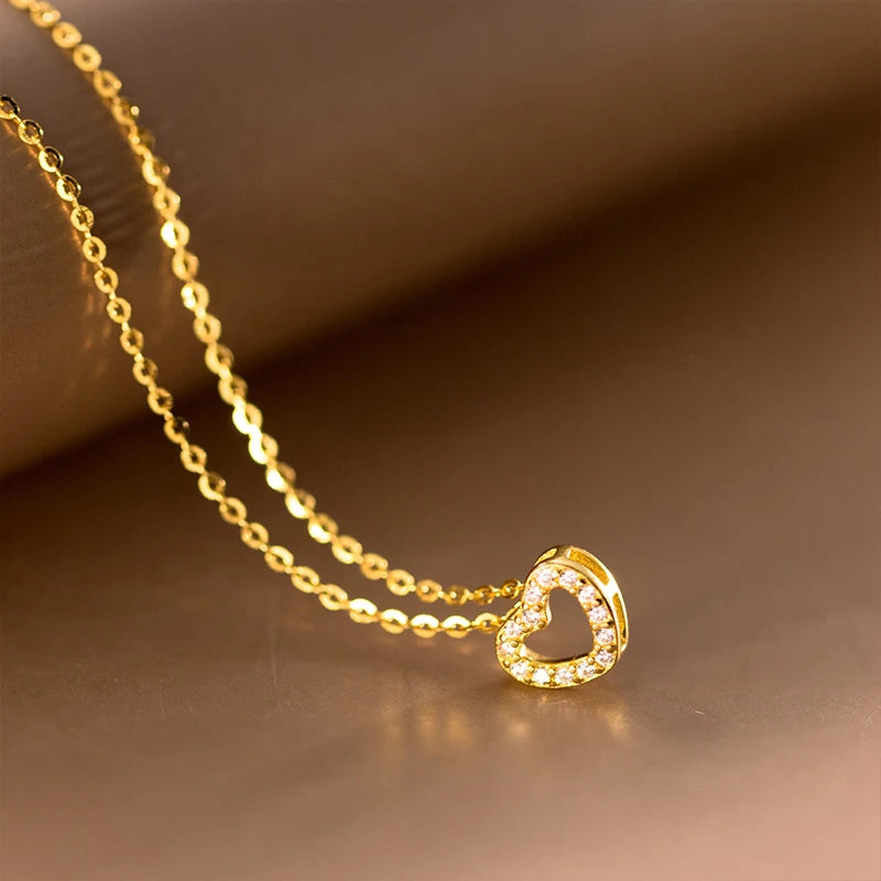 TrustDavis Real 925 Sterling Silver Fashion Simple Heart-shaped Hollow Zircon Necklacefor Women Girls Gift Fine Jewelry DS4700