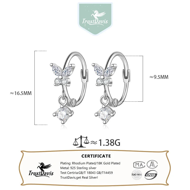 TrustDavis Real 925 Sterling Silver Sweet Charm Butterfly Zircon Hoop Earring for Women Wedding Birthday Fine Jewelry DB1427