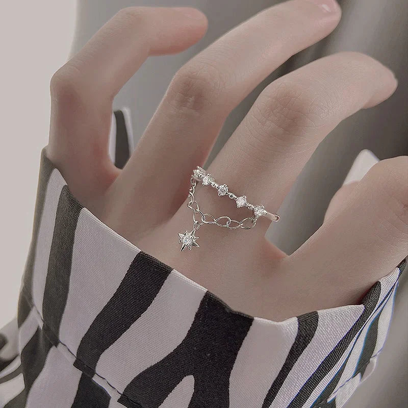 TrustDavis Real 925 Sterling Silver Sweet Double Layer Chain CZ Opening Rings For Women Wedding Party Fine S925 Jewelry DA2570