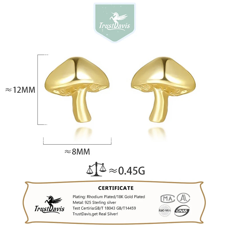 TrustDavis Real 925 Sterling Silver Minimalist Mushroom Stud Earring for Women Daughter Birthday Gift Fine Jewelry DS4615