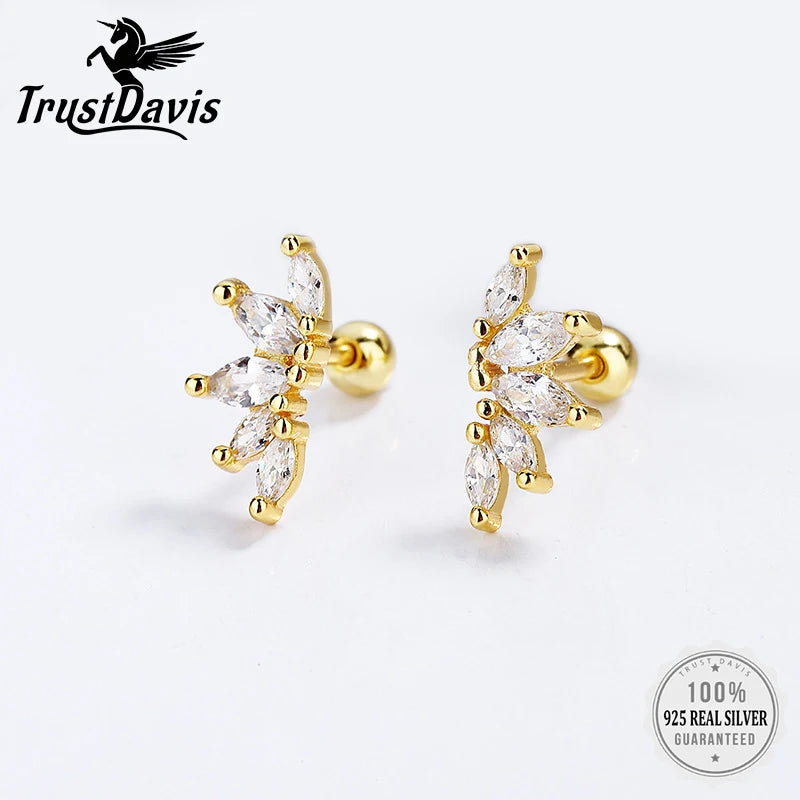 TrustDavis Real 925 Sterling Silver White Zircon Horse Eye Screw Stud Earrings For Women Wedding Trendy Fine Jewelry DG0031