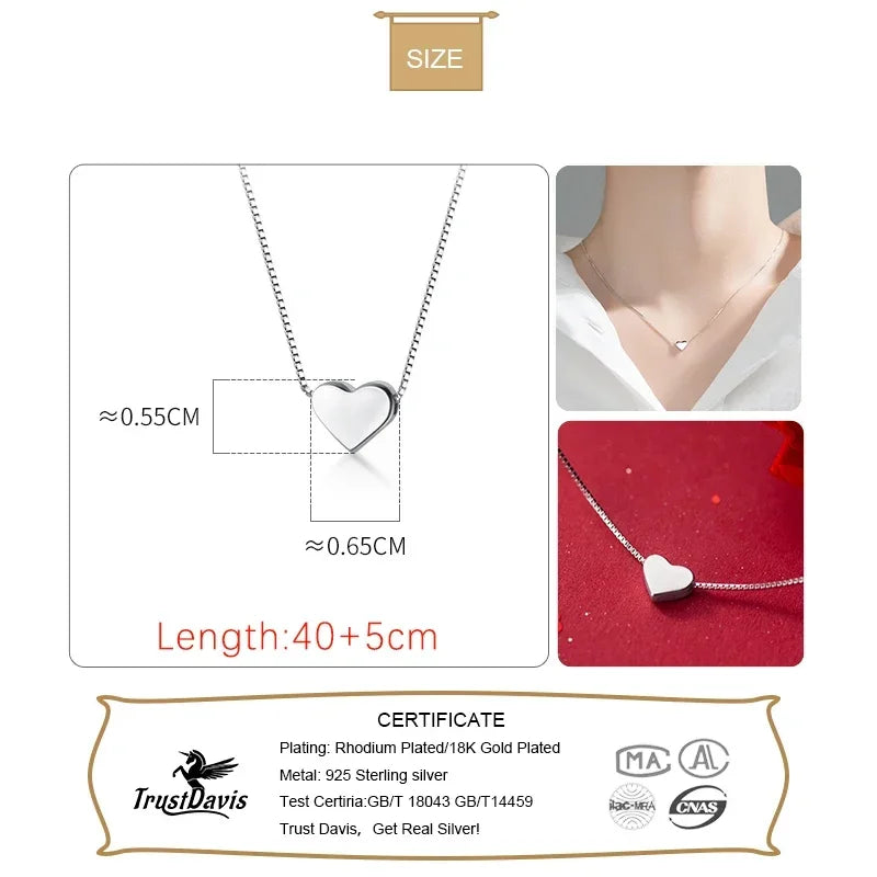 Trustdavis Real 925 Sterling Silver Sweet Romantic Heart Pendant Short Necklace For Women Wedding Party Christmas Present DS441