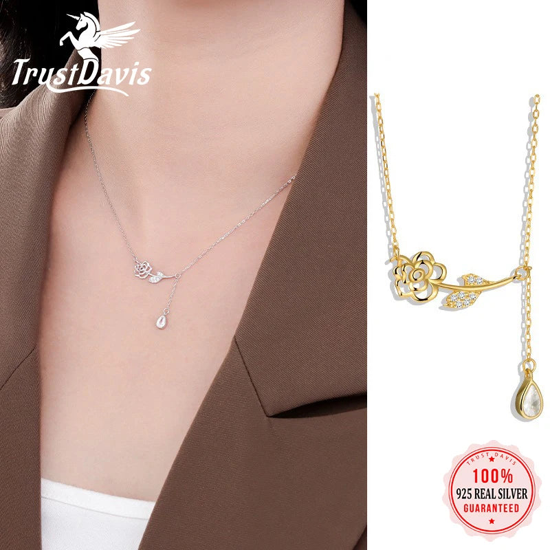 TrustDavis 925 Sterling Silver Women's  Fashion Simple Rose Zircon Tassel Necklace for Women Girls Jewelry Gift DS4275