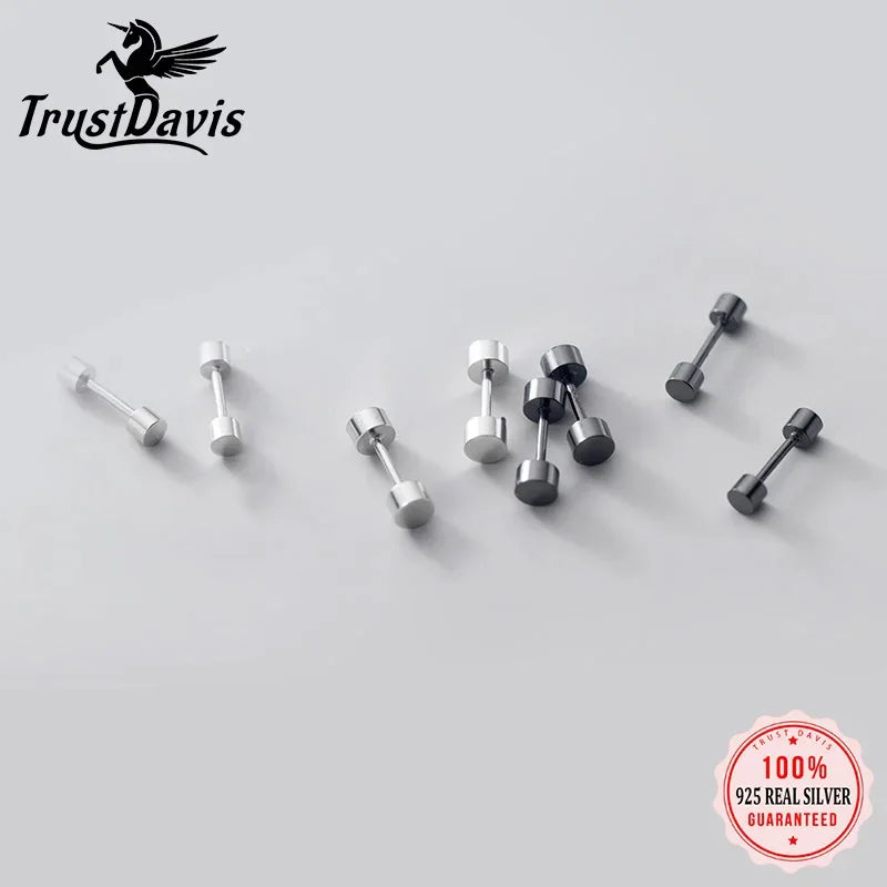 Real 925 Sterling Silver Cute Geometric Round Barbells Screw Earrings DA2001