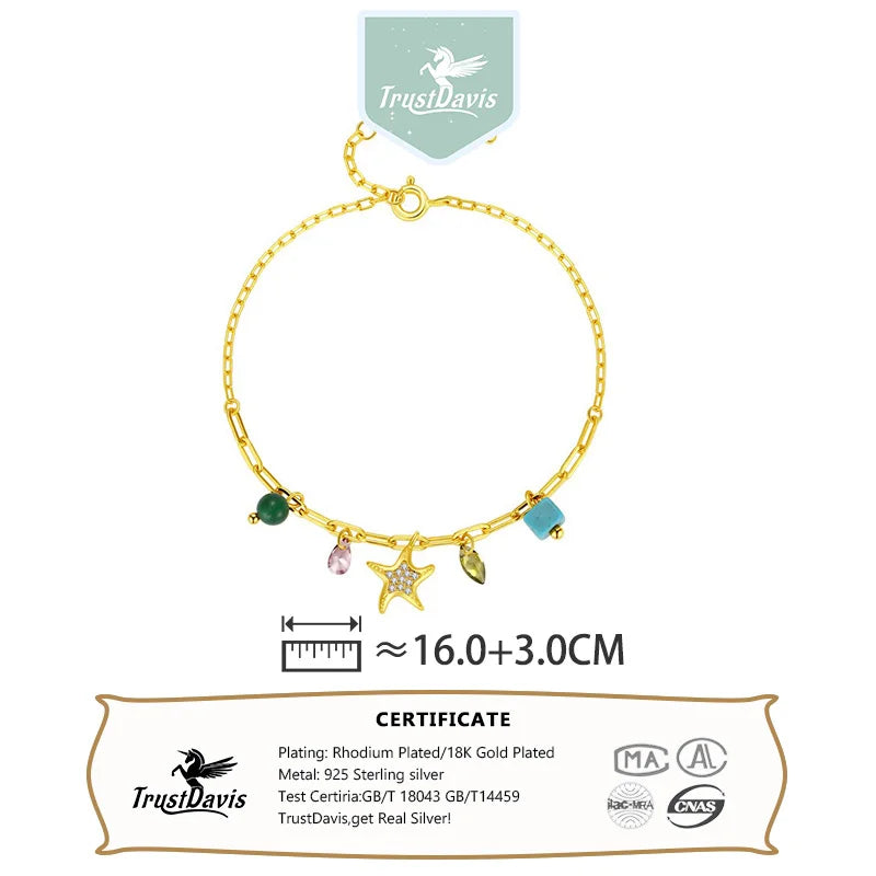 TrustDavis 925 Sterling Silver Women's Fashion Simple Starfish Zircon Turquoise Bracelet for Women Girls Jewelry Gift DS4439