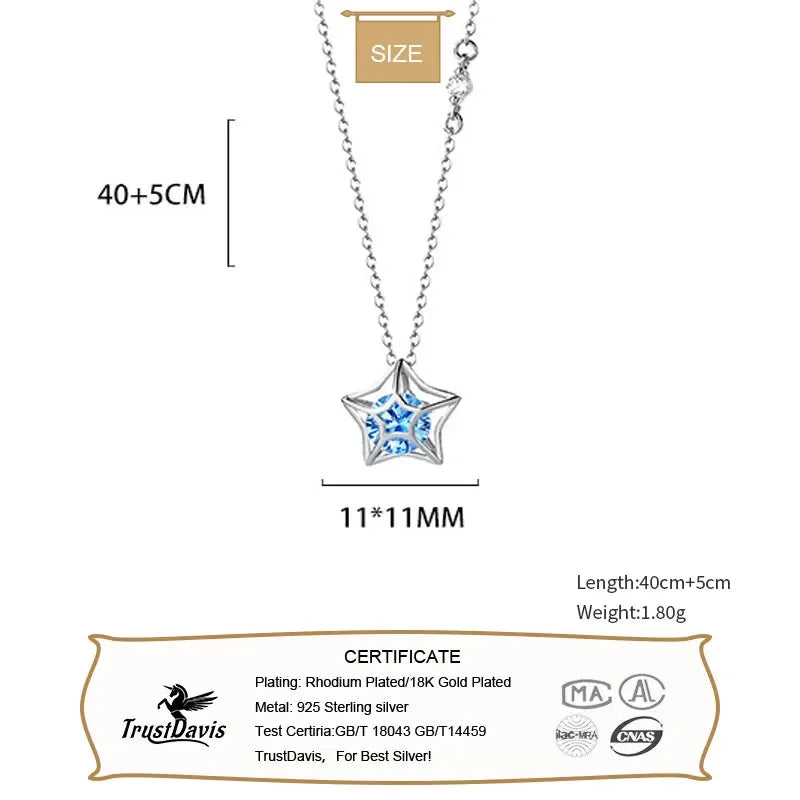 TrustDavis Real 925 Sterling Silver Hollowed Out Star Zircon Chain Necklace For Women Wedding Statement Fine Jewelry Gift LB069
