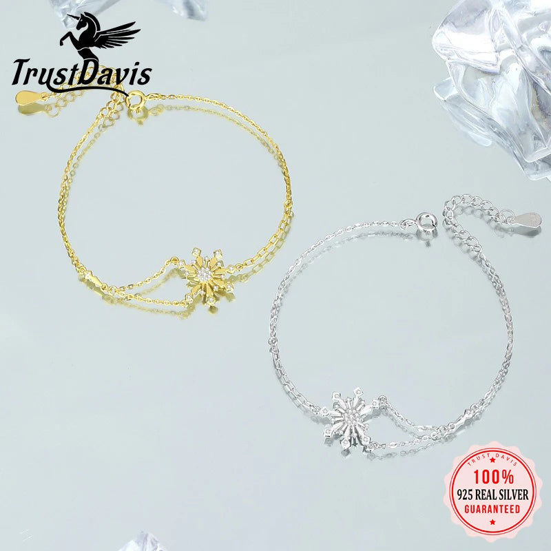 TrustDavis Girls 925 Sterling Silver Fashion Simple Snowflake Zircon Bracelet for Women Girl Christmas Gift Fine Jewelry DS4695