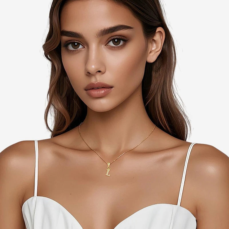 TrustDavis 925 Sterling Silver Women's Fashion Crown 26 Letter Pendant Zircon Necklace for Women Girls Jewelry Gift DS4445