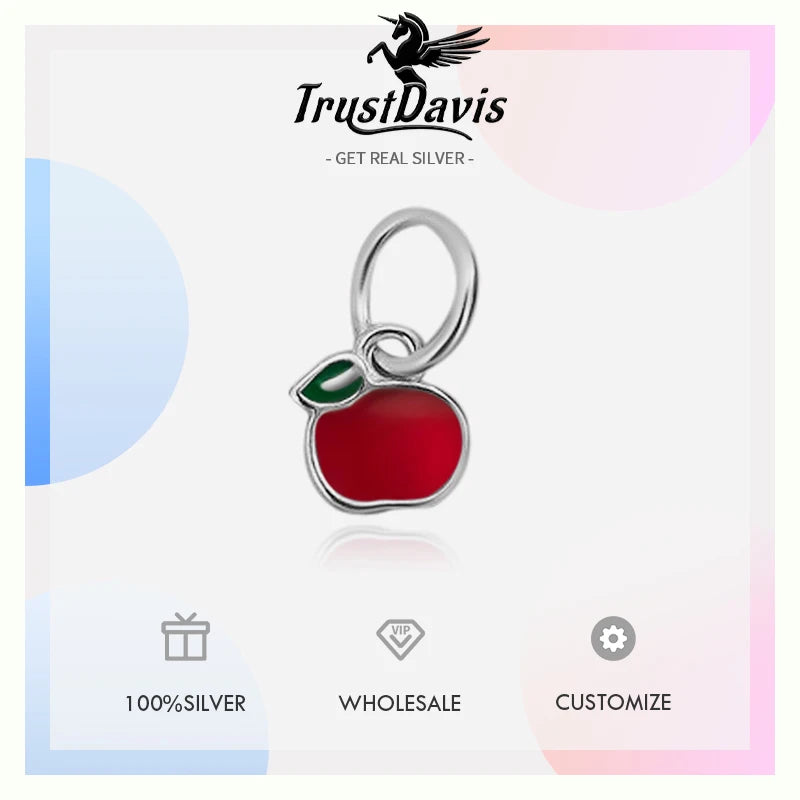 TrustDavis Real 925 Sterling Silver Fashion Red Apple Charm Pendant Handmade DIY Accessories Fine Jewelry Wholesale DZ1743