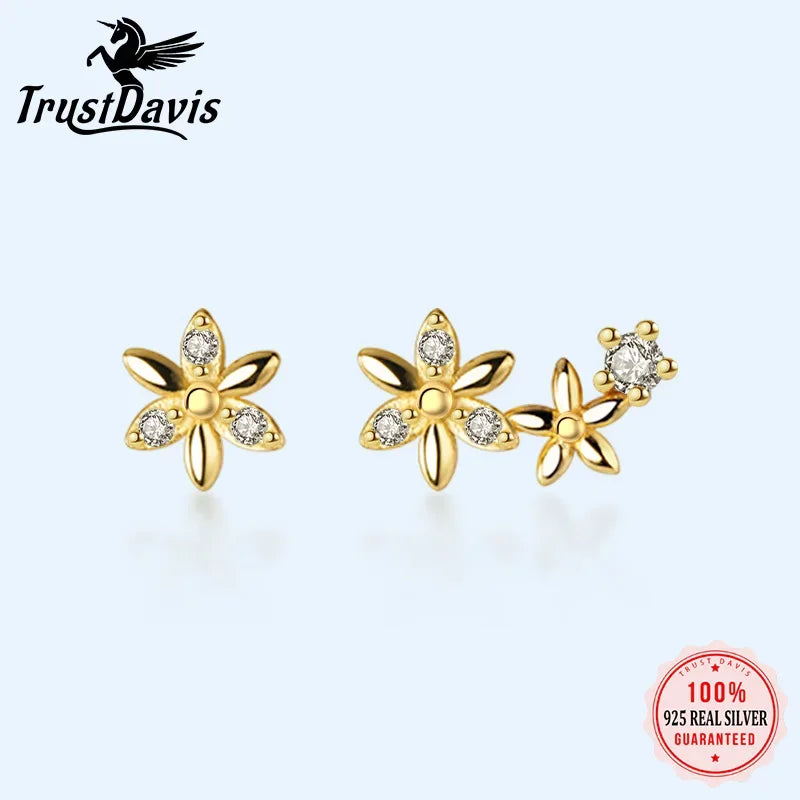 TrustDavis 925 Sterling Silver Fashion Asymmetric Flower Shiny CZ Stud Earrings for Women Wedding Party Earring Jewelry DA1018