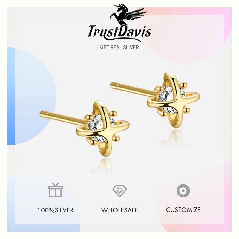 Real 925 Sterling Silver Planet Zircon Stud Earrings DS4956