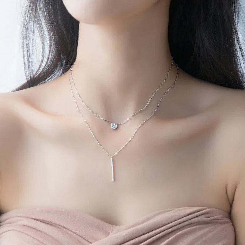 TrustDavis 925 Sterling Silver Elegant Double Layer Geometric Stick Pendant Necklace Fine Jewelry For Women Wedding Party DA1266