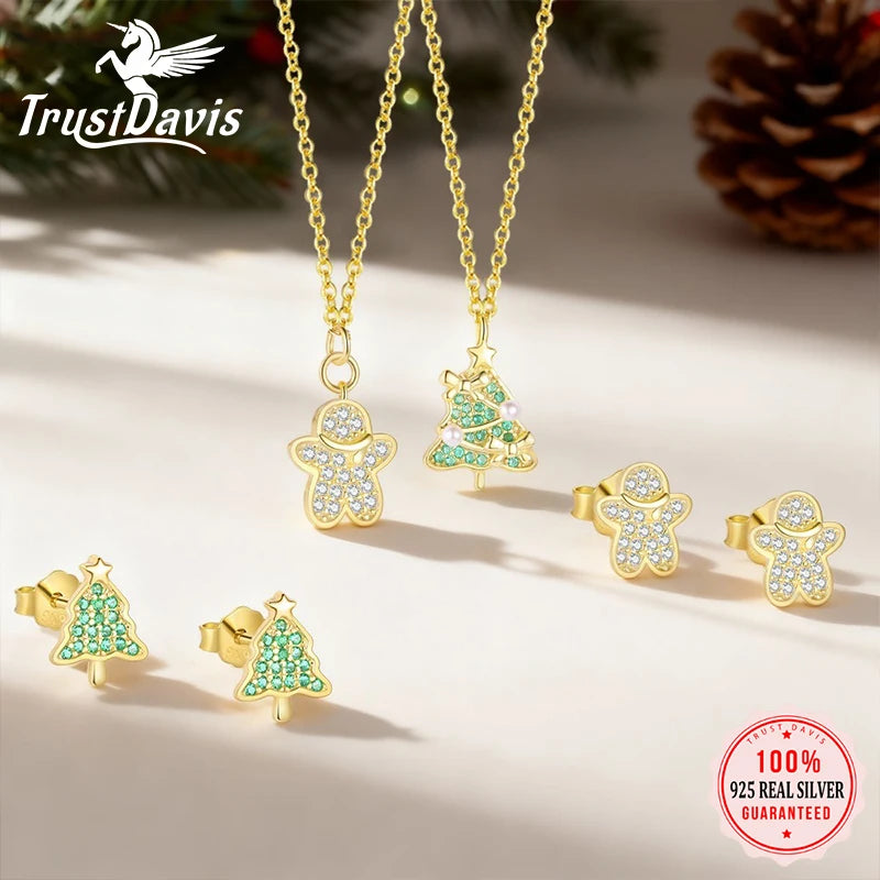 TrustDavis 925 Sterling Silver Women's Fashion Simple Christmas Tree Snowman Set for Women Girls Christmas Jewelry Gift  DS4696