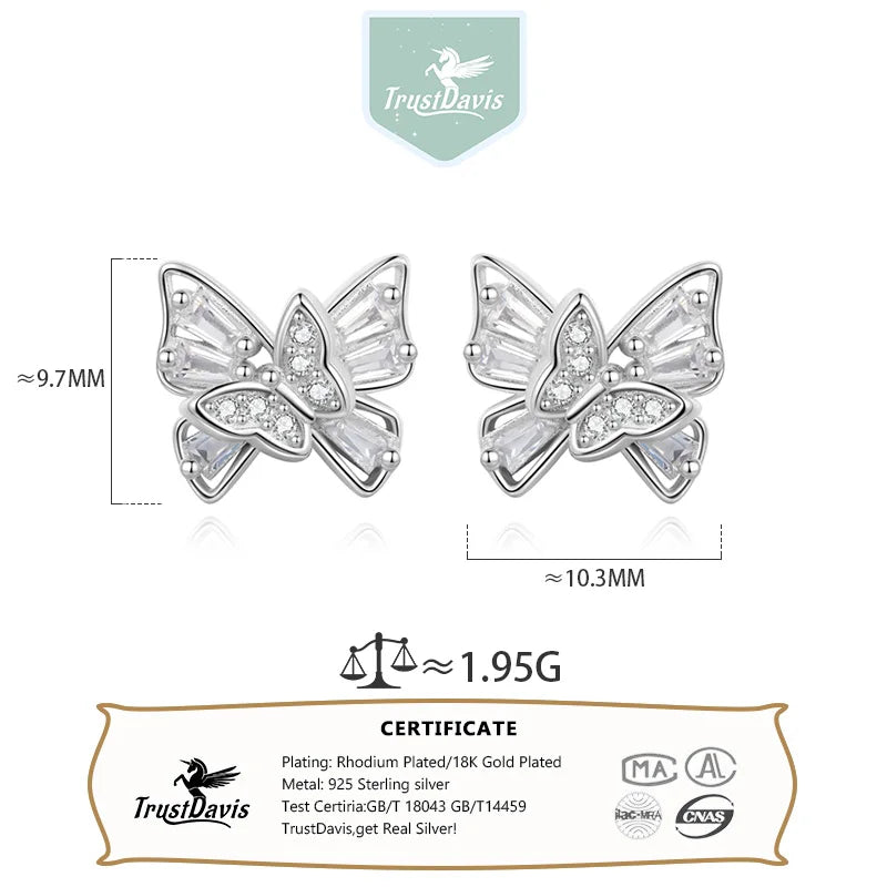 TrustDavis Real 925 Sterling Silver Cute Butterfly Stud Earrings for Women School Girls Daughter's Jewelry DS4118