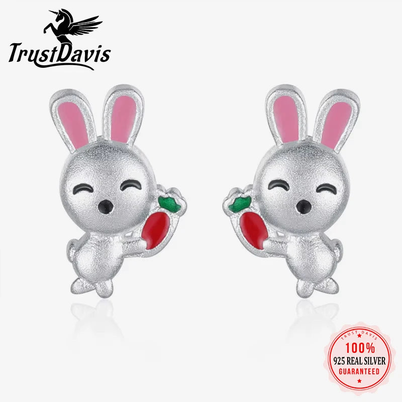 TrustDavis Real 925 Sterling Silver Kids Earring Frosted Rabbit Carrot Stud Earrings For Daughter Girls Fine Jewelry Gift DS3213