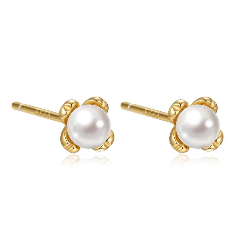 Real 925 Sterling Silver Flower Pearl Stud Earrings DS4958