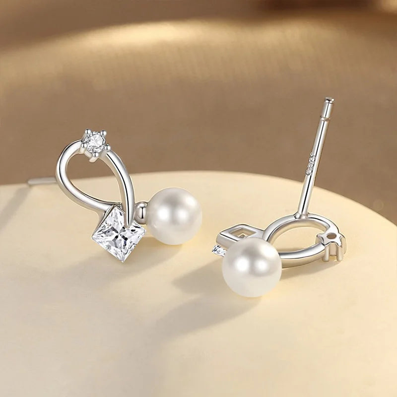 TrustDavis 925 Sterling Silver Women's Earrings Fashion Square Zirconia Pearl Cross Earrings for Women Girls Jewelry Gift DS4360