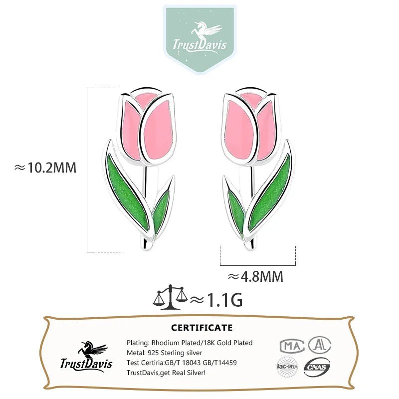 Trustdavis Real 925 Sterling Silver Sweet Fashion Tulips Fresh Stud Earrings Women Girls Birthday Party Gift Jewelry DS4136