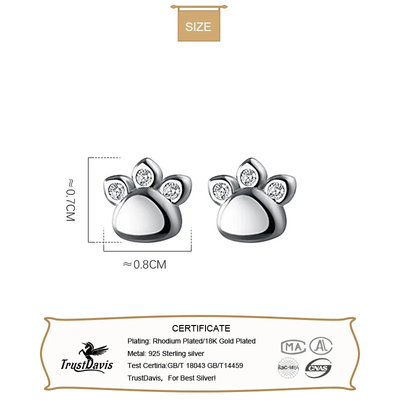 TrustDavis Real 925 Sterling Silver Fashion Sweet Cat's Paw CZ Screw Stud Earrings For Women Wedding Party Fine Jewelry DB1138