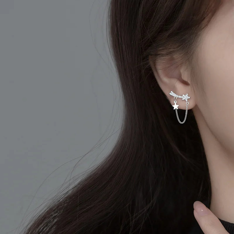 TrustDavis Real 925 Sterling Silver Earring Chain Star Shiny CZ Stud Earring For Women Wedding Mother's Day Fine Jewelry DA3112