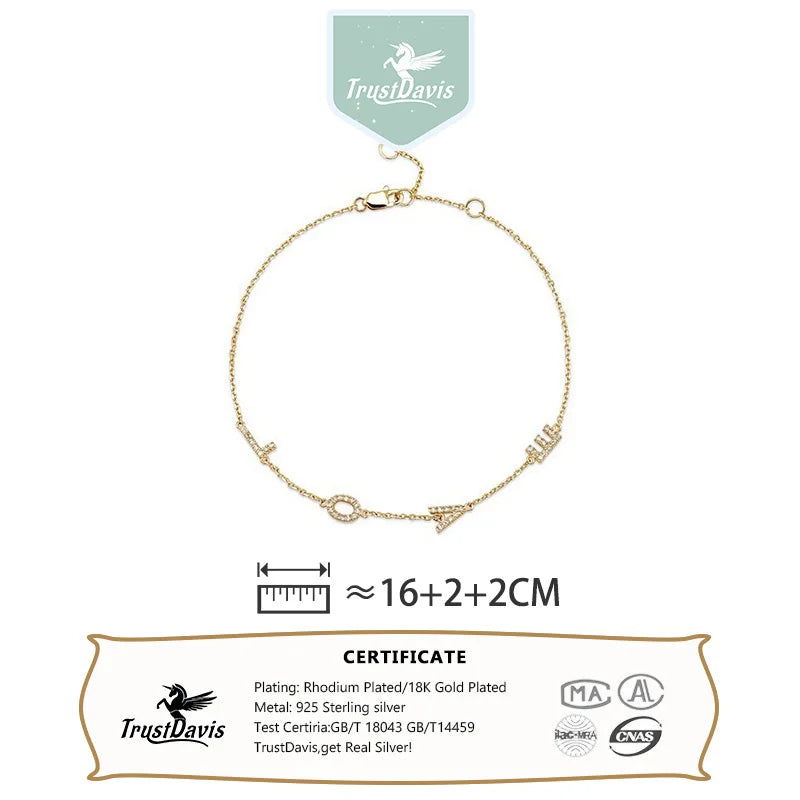 TrustDavis Girls 925 Sterling Silver Fashion Sweet LOVE letter zircon bracelet for Women Girl  Birthday Gift Fine Jewelry DS4706