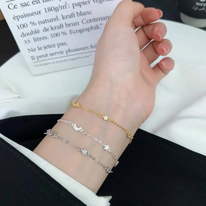 TrustDavis Genuine 925 Sterling Silver Fashion Trendy Star Moon Zircon Bracelet For Women Lady Girls Wedding Jewelry Gift DS4513