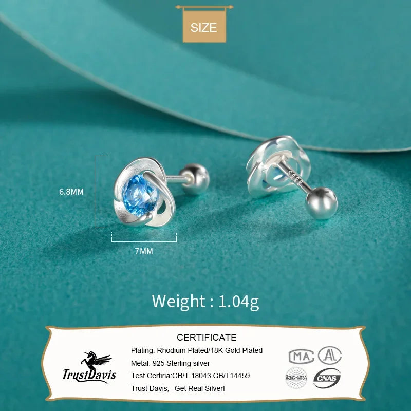 TrustDavis Real 925 Sterling Silver Kids Earrings Triangle Blue CZ Screw Stud Earrings For Daughter Girls Jewelry Gift DF2011