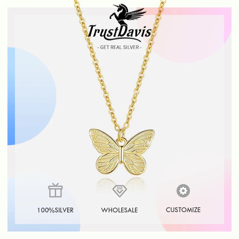 TrustDavis 925 Sterling Silver Women's Fashion Simple Butterfly Pattern Necklace for Women Girls Jewelry Gift DS4379