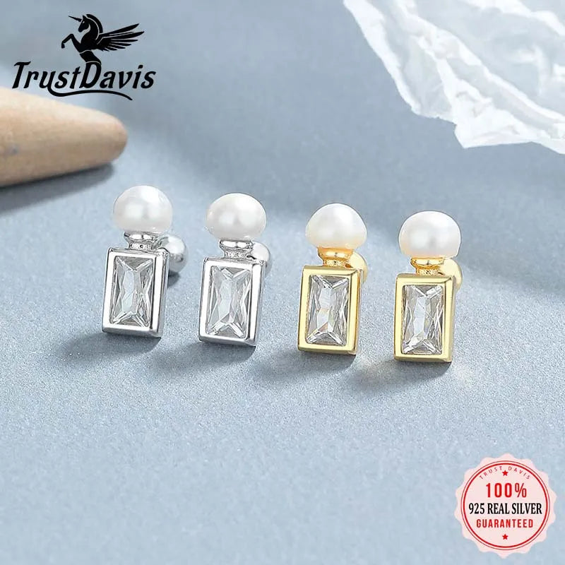 TrustDavis Girls Real 925 Sterling Silver Bright CZ Pearl Screw ball Stud Earring for Women Wedding Party Jewelry DS4509