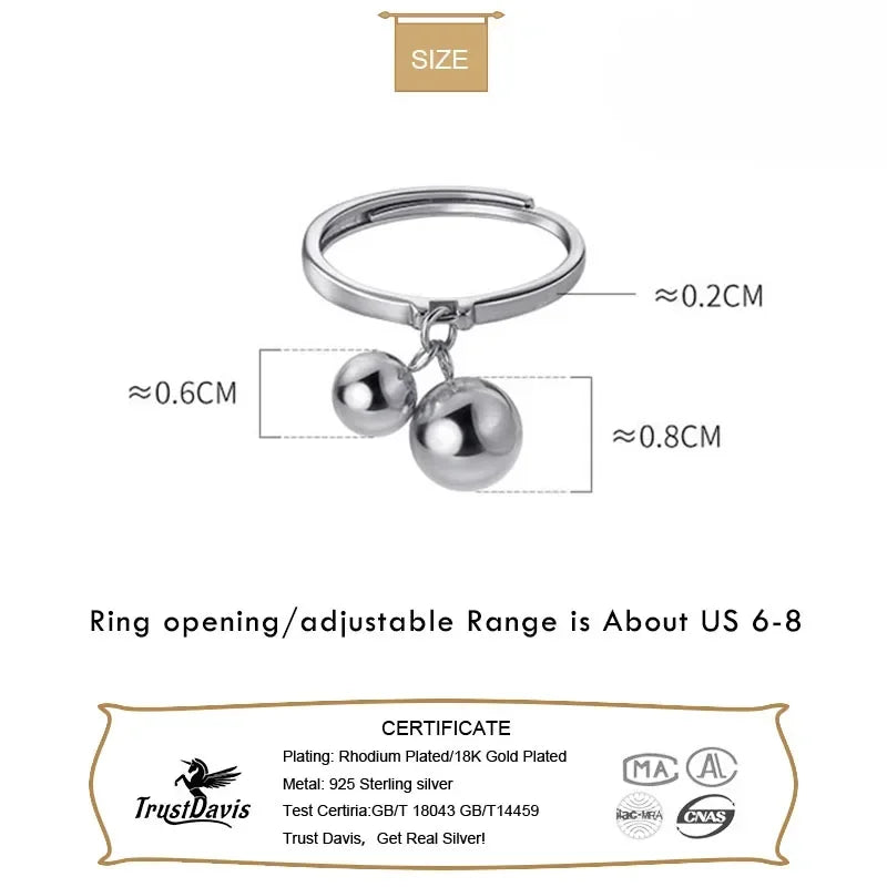 TrustDavis Real 925 Sterling Silver 2022 Sweet Small Big Beads Opening Ring For Fashion Women Wedding Party Fine Jewelry DE0131