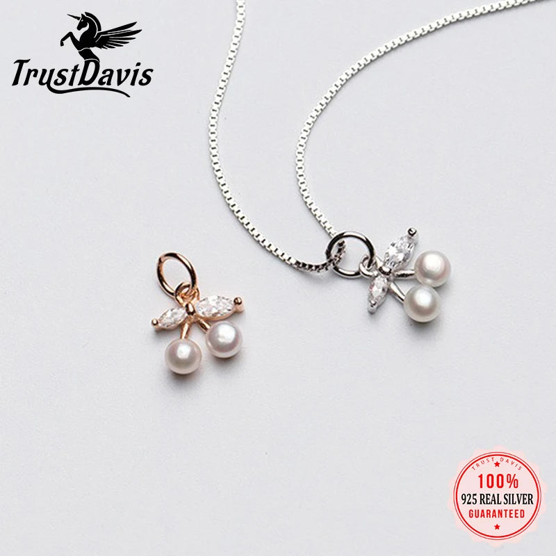 TrustDavis Real 925 Sterling Silver Fashion Bow Pearl Cherry Charm Pendant Handmade DIY Accessories Wholesale Jewelry DZ1701