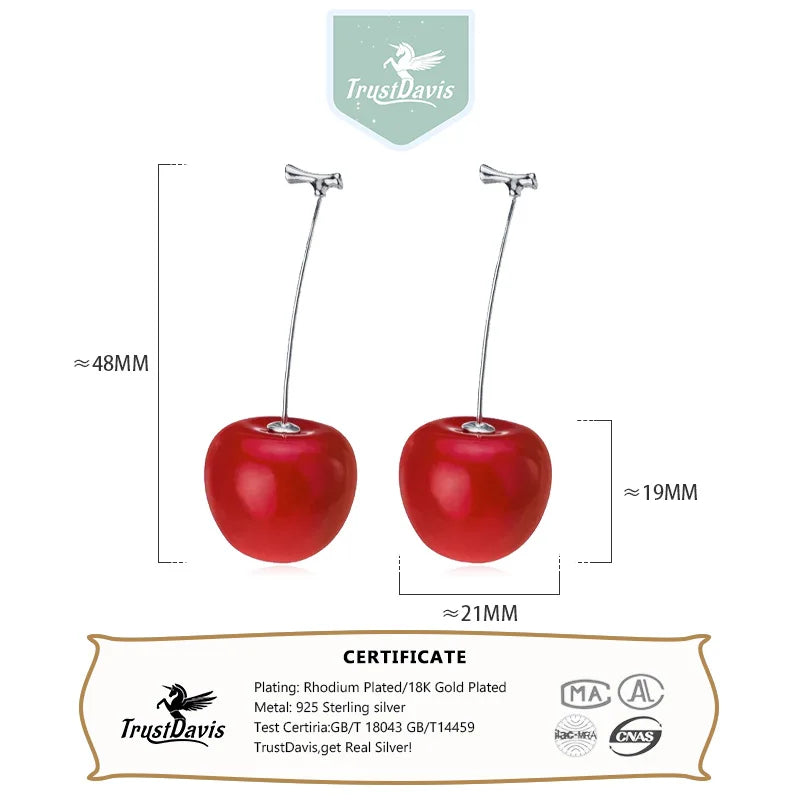 TrustDavis Fashion Genuine 925 Sterling Silver Charms Fine Fruit Cherry Stud Earrings For Women Silver 925 Earring Jewelry DA163