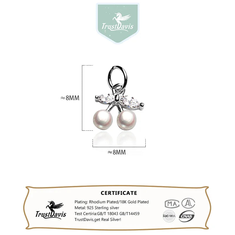 TrustDavis Real 925 Sterling Silver Fashion Bow Pearl Cherry Charm Pendant Handmade DIY Accessories Wholesale Jewelry DZ1701