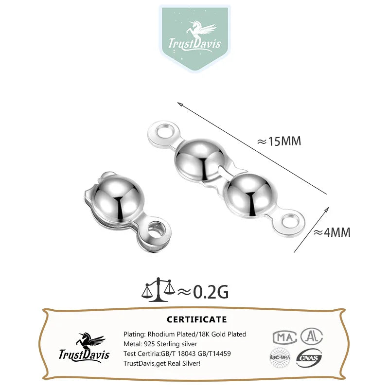 TrustDavis Real 925 Sterling Silver DIYJewelry Accessories Double Chuck Ant Clasp Threading Hand String End Buckle DZ761